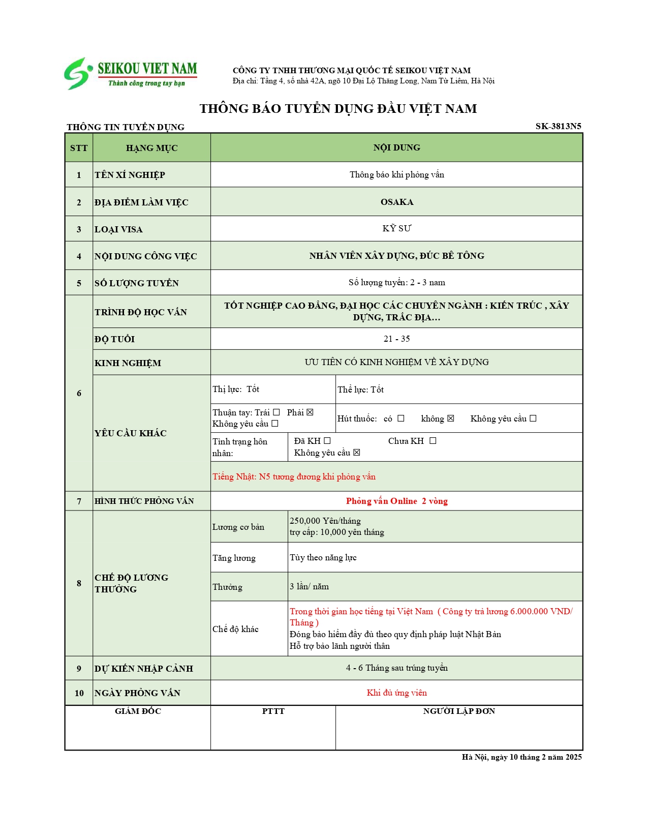 JOB KỸ SƯ ĐỔ BÊ TÔNG OSAKA